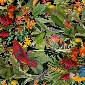 Tropical Jungle Garden With Parrots Vintage Botanical Art
