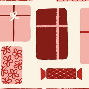 Christmas presents red and pink, crimson, jumbo scale
