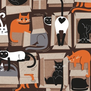 Large jumbo scale // Purfect feline architecture // dark oak brown background cute cats in cardboard boxes 
