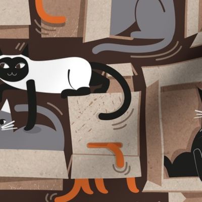 Purfect feline architecture // normal scale // dark oak brown background cute cats in cardboard boxes 