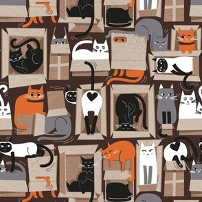 Small scale // Purfect feline architecture // dark oak brown background cute cats in cardboard boxes 