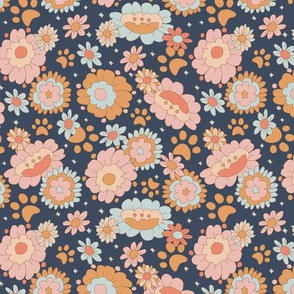 Groovy Retro Floral and Dog Paws on dark blue
