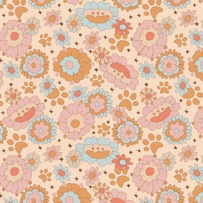 Medium Groovy Retro Floral and Dog Paws on Beige
