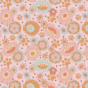 Medium Groovy Retro Floral and Dog Paws on Blush Pink
