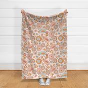 Large Groovy Retro Floral and Dog Paws on Cream

