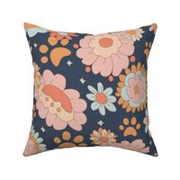 Large Groovy Retro Floral and Dog Paws on Dark Blue

