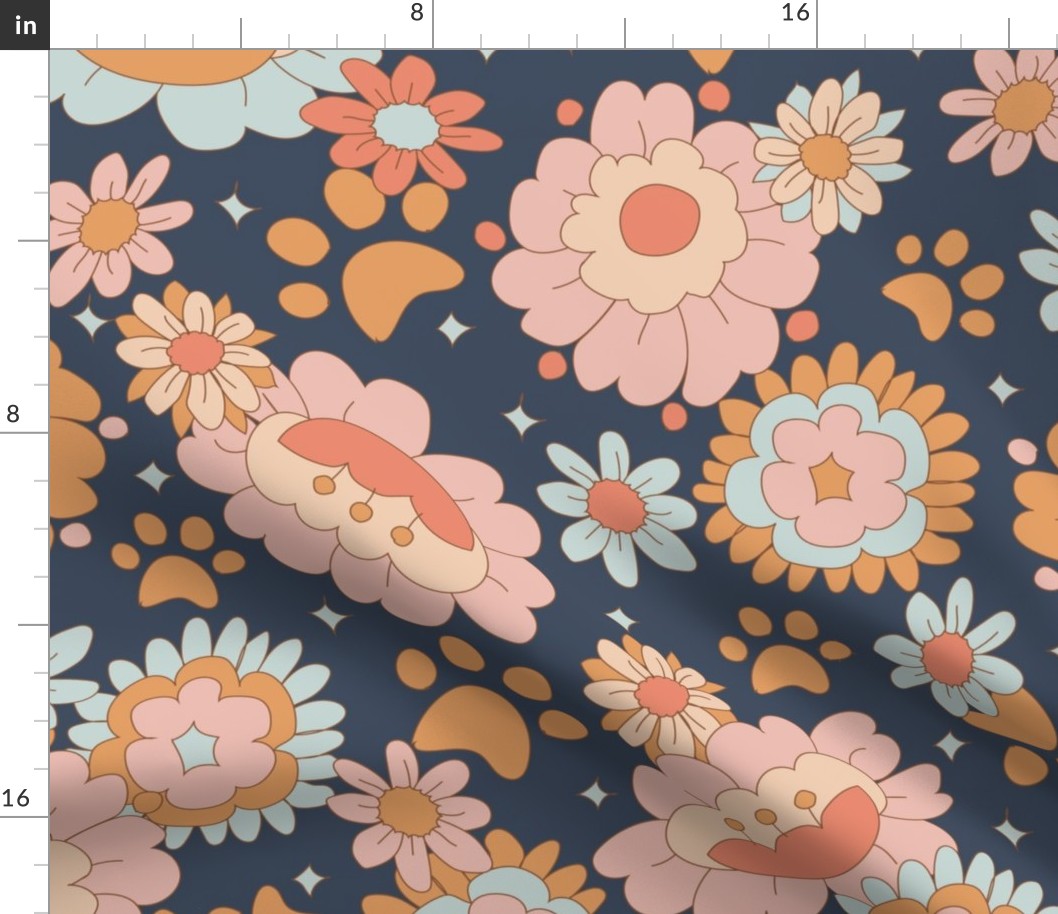 Large Groovy Retro Floral and Dog Paws on Dark Blue
