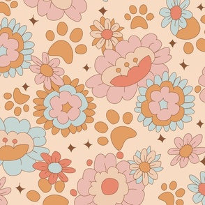 Large Groovy Retro Floral and Dog Paws on Beige