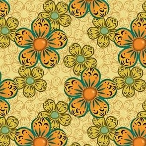 Bubble Flower with Many Yellow Flowers  - Orange, Forest, Pale Yellow, Mustard - ecdd8b, f5be20, 007462, f18827