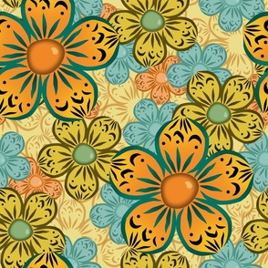 Bubble Flower - Secondary -  Yellow, Light Teal,  Orange , Forest, Mustard, Teal - ecdd8b, f5be20, 029174, 007462, f18827
