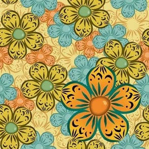 Bubble Flower - Hero -  Yellow, Teal, Orange, Forest, Mustard - ecdd8b, f5be20, 029174, 007462, f18827