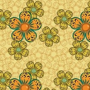 Bubble Flower with more Yellow Flowers - Orange, Pale Yellow, Mustard - ecdd8b, f5be20, 007462, f18827