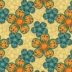 Bubble Flower with more Teal Flowers -Mustard, Forest, Pale Yellow - ecdd8b, f5be20, 029174, 007462, f18827