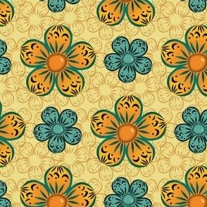 Bubble Flower with Teal and Orange Flowers - Mustard, Forest, Pale Yellow - ecdd8b, f5be20, 029174, 007462, f18827