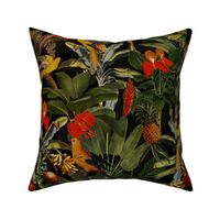 vintage tropical antique exotic parrots birds,  green palm Leaves and nostalgic colorful exotic flowers, yellow parrots, tropical fruits - black stronger contrast