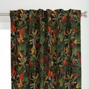 vintage tropical antique exotic parrots birds,  green palm Leaves and nostalgic colorful exotic flowers, yellow parrots, tropical fruits - black stronger contrast