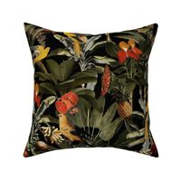 vintage tropical antique exotic parrots birds,  green palm Leaves and nostalgic colorful exotic flowers, yellow parrots, tropical fruits - black