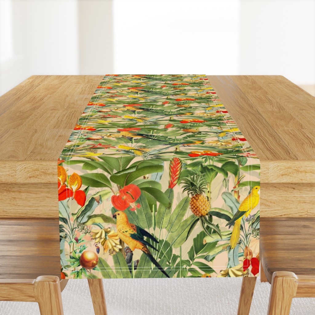 vintage tropical antique exotic parrots birds,  green palm Leaves and nostalgic colorful exotic flowers, yellow parrots, tropical fruits -beige