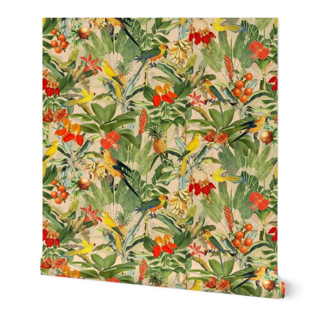 vintage tropical antique exotic parrots birds,  green palm Leaves and nostalgic colorful exotic flowers, yellow parrots, tropical fruits -beige