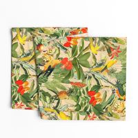 vintage tropical antique exotic parrots birds,  green palm Leaves and nostalgic colorful exotic flowers, yellow parrots, tropical fruits -beige