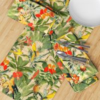 vintage tropical antique exotic parrots birds,  green palm Leaves and nostalgic colorful exotic flowers, yellow parrots, tropical fruits -beige