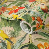 vintage tropical antique exotic parrots birds,  green palm Leaves and nostalgic colorful exotic flowers, yellow parrots, tropical fruits -beige