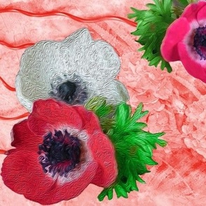 18x12-Inch Repeat of Anemones with Coral Orange Corkscrew Rushes