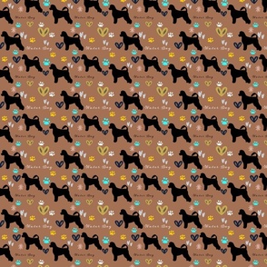 Portugese Water Dog on Brown Large//Dog Paws, Hearts, Baby Room, Throw Pillows, Yellow, Cyan, Tan