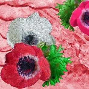 18x12-Inch Repeat of Anemones with Watermelon-Red Corkscrew Rushes