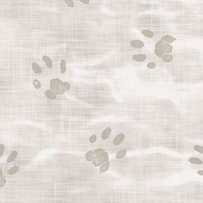 Paw Prints on Shibori Linen in Ecru (xl scale) | Block print paws, cat paw prints on an arashi shibori linen pattern, cat paws, cat fabric, cat lover, pets, pet prints, paw print.