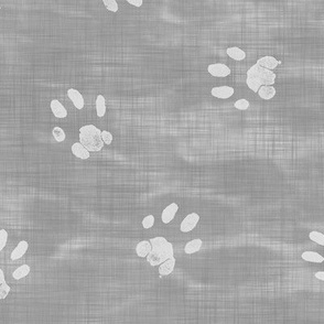 Paw Prints on Shibori Linen in Gray (xl scale) | Block print paws, cat paw prints on an arashi shibori linen pattern, cat paws, cat fabric, cat lover, pets, pet prints, paw print.