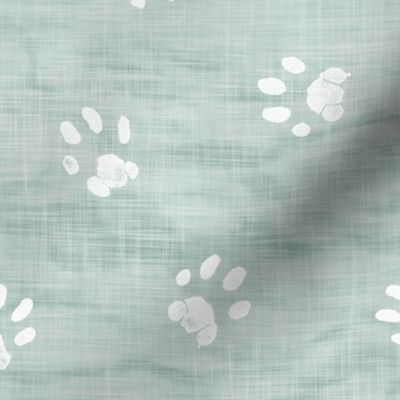 Paw Prints on Shibori Linen in Sea Mist (xl scale) | Block print paws, cat paw prints on an arashi shibori linen pattern, cat paws, cat fabric, cat lover, pets, pet prints, paw print.
