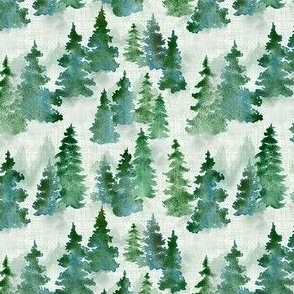 Watercolor Evergreen Christmas Trees - Ditsy Scale - Woodland Woods Forest Misty Foggy Mountains Pine Fur