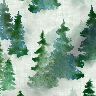 Watercolor Evergreen Christmas Trees - Medium Scale - Woodland Woods Forest Misty Foggy Mountains Pine Fur