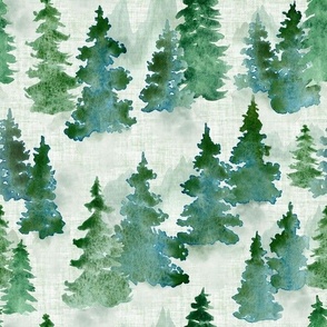 Watercolor Evergreen Christmas Trees - Medium Scale - Woodland Woods Forest Misty Foggy Mountains Pine Fur