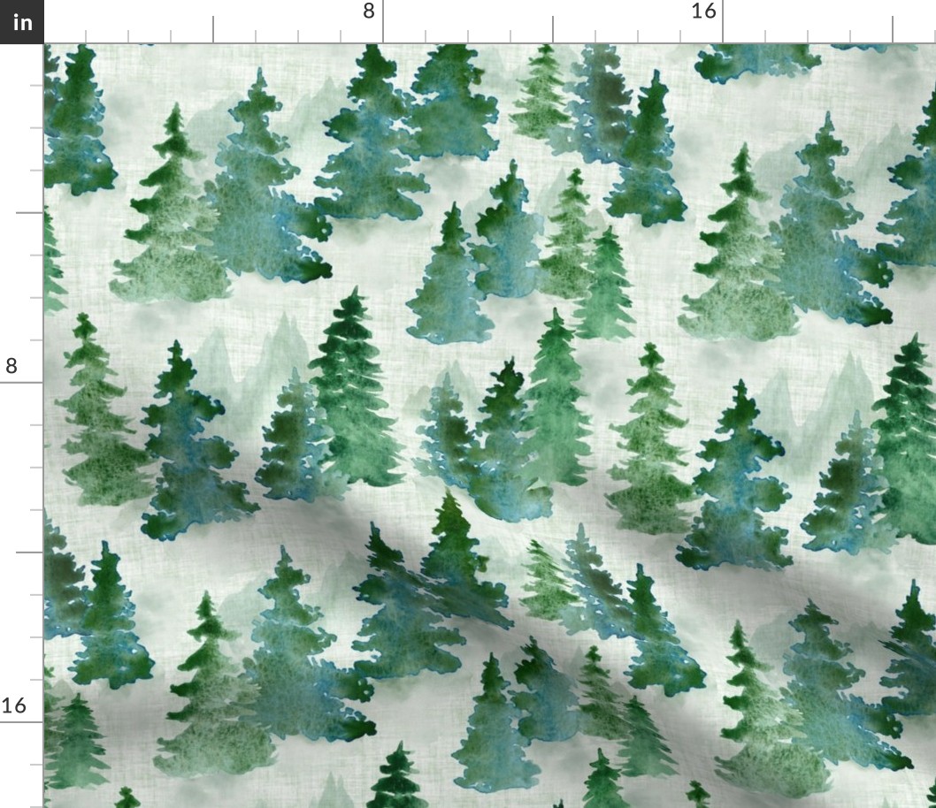 Watercolor Evergreen Christmas Trees - Medium Scale - Woodland Woods Forest Misty Foggy Mountains Pine Fur
