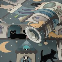 Realm of the cats, night - cat castle, climbing tree, moon and flowers - teal, blue-grey - large 24 inch