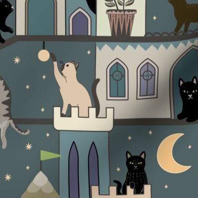 Realm of the cats, night - cat castle, climbing tree, moon and flowers - teal, blue-grey - large 24 inch