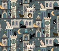 Realm of the cats, night - cat castle, climbing tree, moon and flowers - large