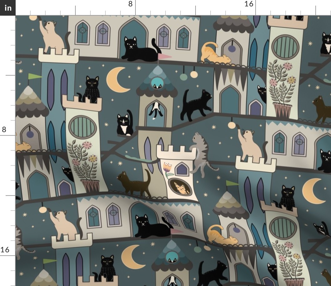 Realm of the cats, night - cat castle, climbing tree, moon and flowers - teal, blue-grey - large 24 inch