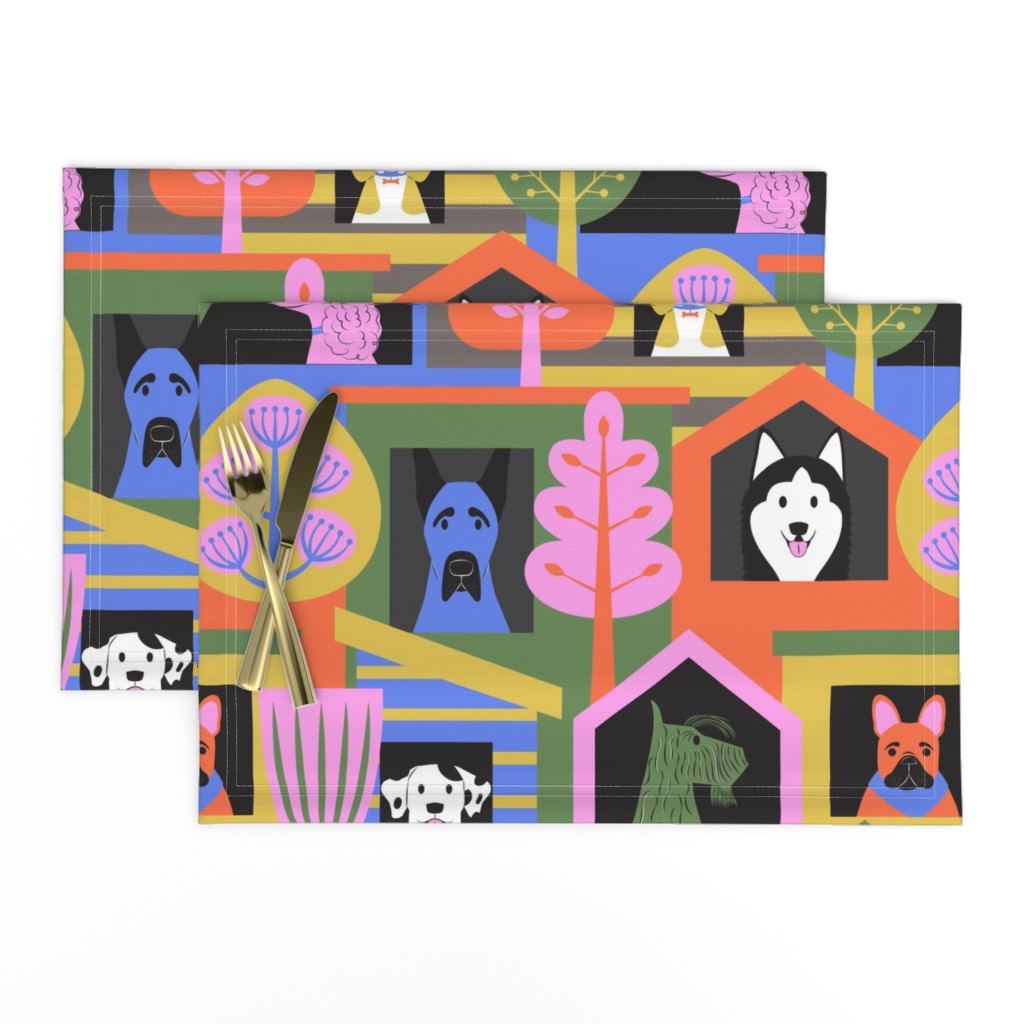 Colorful Dogs looking out of their houses.  Poodle, French bull dog, Beagle, Great dane, husky, Scottie and Dalmatian