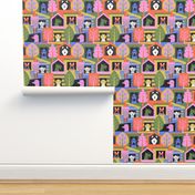 Colorful Dogs looking out of their houses.  Poodle, French bull dog, Beagle, Great dane, husky, Scottie and Dalmatian