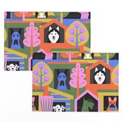 Colorful Dogs looking out of their houses.  Poodle, French bull dog, Beagle, Great dane, husky, Scottie and Dalmatian