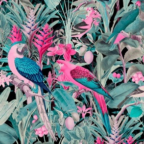 Tropical Jungle Garden With Parrots Vintage Botanical Pastel Pattern  Smaller Scale