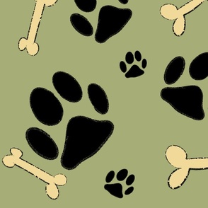 Dog paws and bones on green medium//Pet paws, green background, animal print, dog bones, baby room, pet bandana