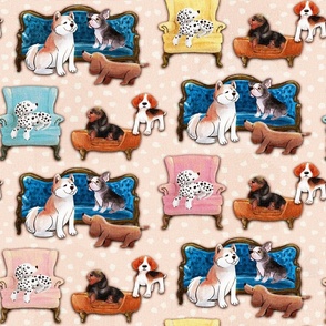 happy pets on the sofa  _ dotted peach pink cotton candy_ medium scale