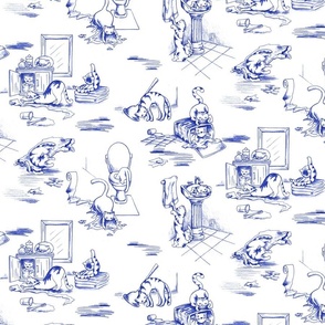 Kitty Cats Bathroom Toile -- Willow Blue Toilet Toile de Jouy with Playing Cats -- Willow Blue Cats Bathroom Wallpaper Delight -- cattoile kct005 -- 24in x 20.58in repeat -- 300dpi (50% of Full Scale)