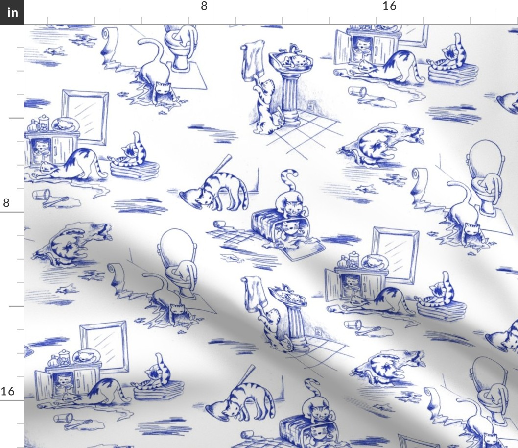 Kitty Cats Bathroom Toile -- Willow Blue Toilet Toile de Jouy with Playing Cats -- Willow Blue Cats Bathroom Wallpaper Delight -- cattoile kct005 -- 24in x 20.58in repeat -- 300dpi (50% of Full Scale)