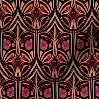 Art Deco Floral Scallops in Burgundy and Peach