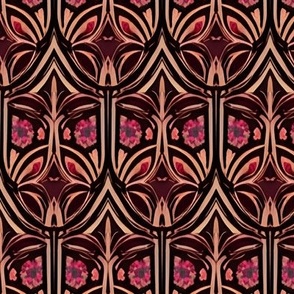 Art Deco Floral Scallops in Burgundy and Peach